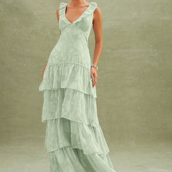 Mint Green Party Women's Floral Textured Tiered Ruffle Maxi Dress Dresses - Picture 1 of 5
